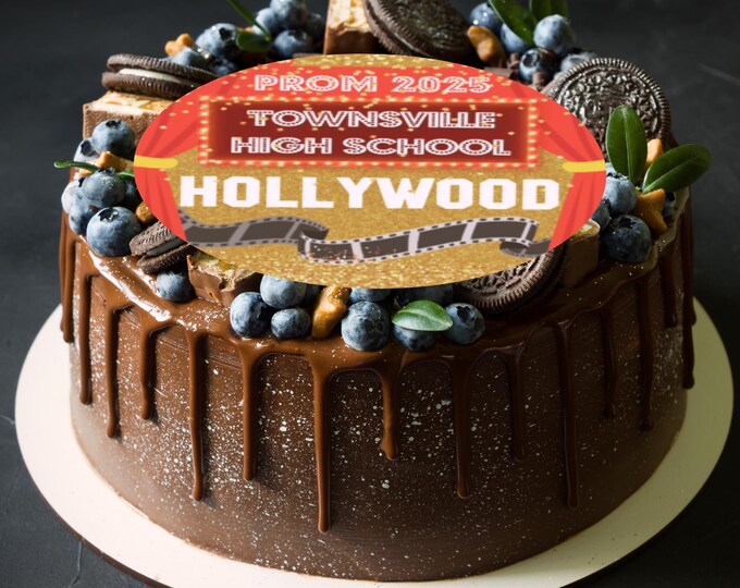 Hollywood Theme Round Birthday Personalised 8" Cake Topper x 1 Edible Circle printed with edible ink. Red Carpet Oscar cake decoration.