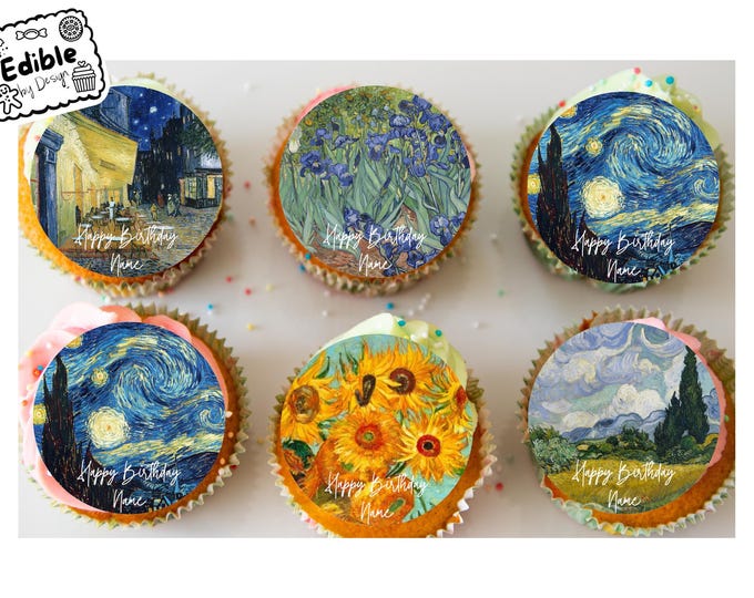 Personalised Van Gogh Cupcake Toppers: Starry Night, Sunflowers - Edible Icing or Wafer
