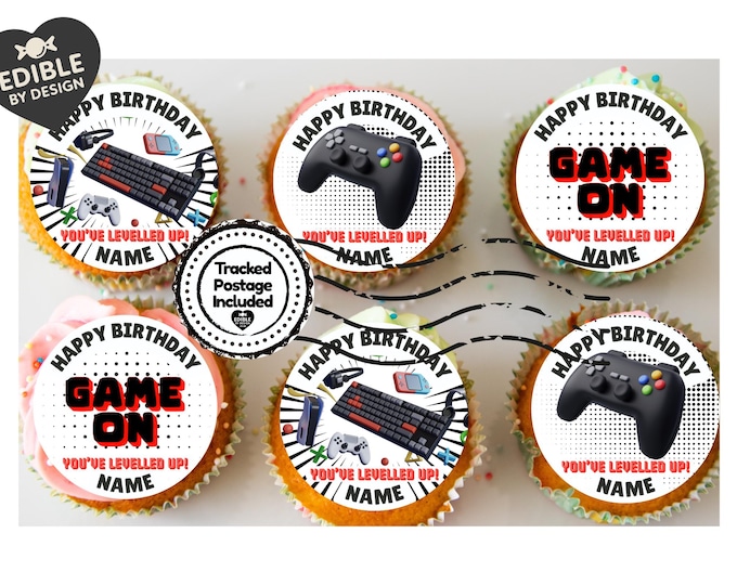 Personalised Gamer Theme Birthday Cake Toppers Edible matching Invitations Stickers Balloon Party Pack