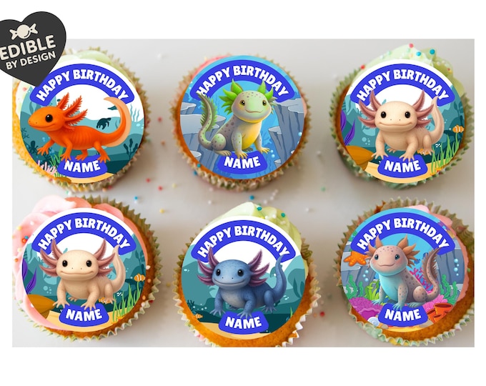 Personalised Axolotl Cake Toppers Icing or Wafer: matching Invitations Stickers Balloon Party Pack