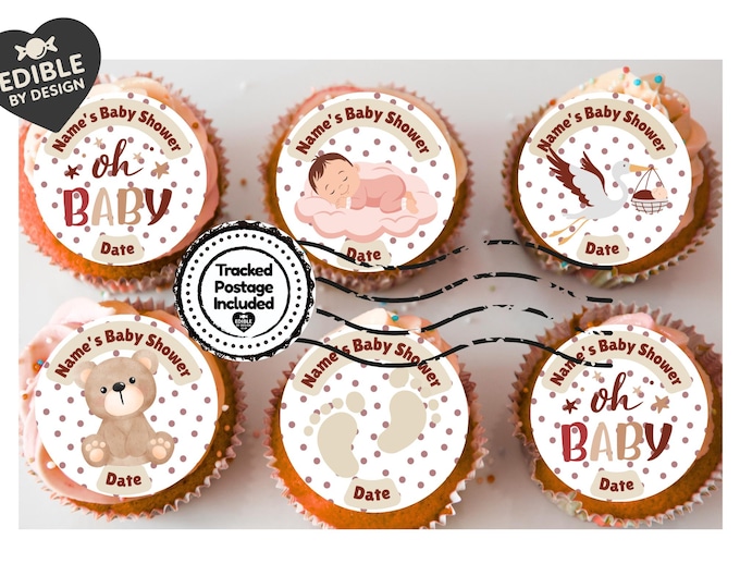 Personalised Baby Shower Cupcake Toppers: Neutral Cream, Edible Ink on Icing or Wafer