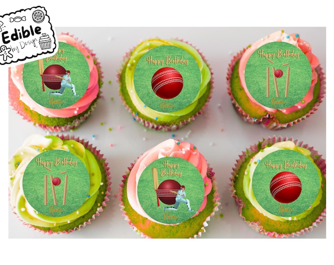 Cricket Birthday Personalised 2" Cupcake Toppers x 15 Edible Circles printed with edible ink. Cricketer decoration cupcakes