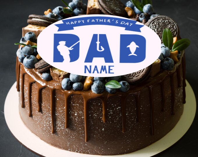 Fathers Day Fishing Theme 8" Round Cake Topper x 1 Edible Circle printed with edible ink, personalised with name and Happy Fathers Day.