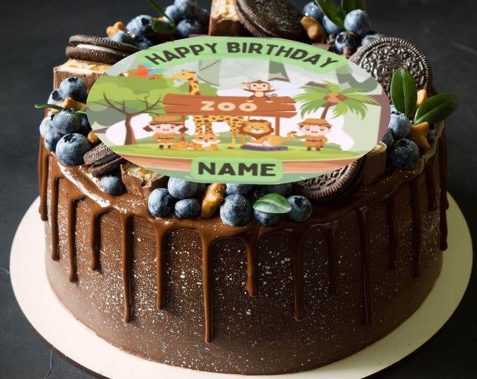 Zoo Theme Personalised Round Birthday 8" Cake Topper x 1 Edible Circle printed with edible ink. Zoo Lion Elephant Tiger cake decoration
