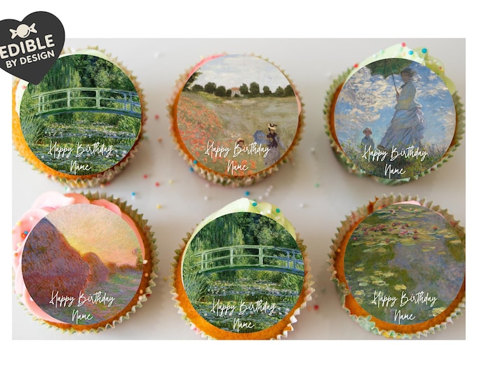 Personalised Monet Birthday Cake Toppers: Edible Icing or Wafer designs include Water Lilies, Japanese Bridge