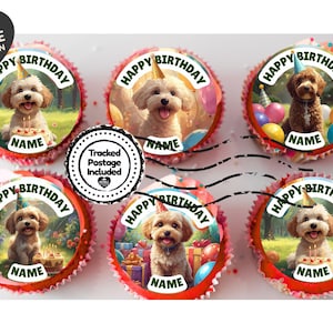 May include: Six cupcakes with red icing and a circular image on top. Each image shows a dog wearing a party hat, with the words "Happy Birthday" and "Name". The cupcakes are decorated with colourful balloons and gifts.