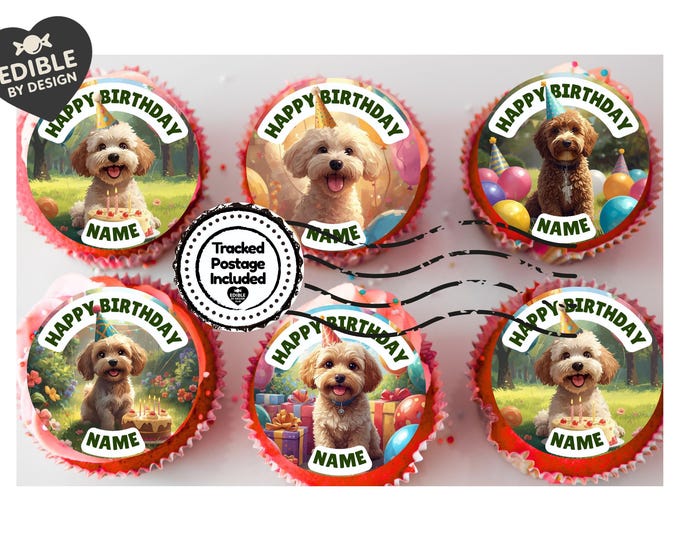 Cockerpoo Birthday Cake Toppers: Edible Images on Icing or Wafer - Matching Stickers Balloon Invitations Pack