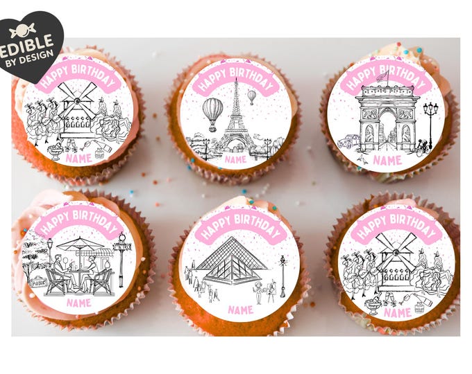 Pink Paris Theme Birthday Cake Toppers Edible Eiffel Tower Arc de Triomphe Moulin Rouge