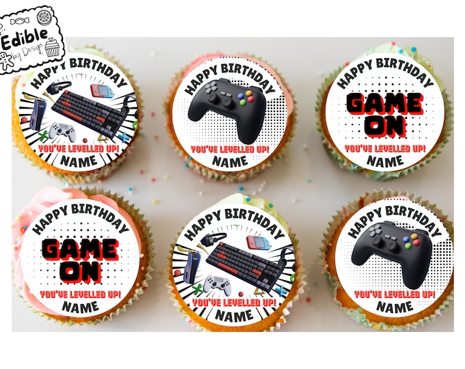 Personalised Gamer Theme Birthday Cupcake Toppers Edible Circles printed with edible ink
