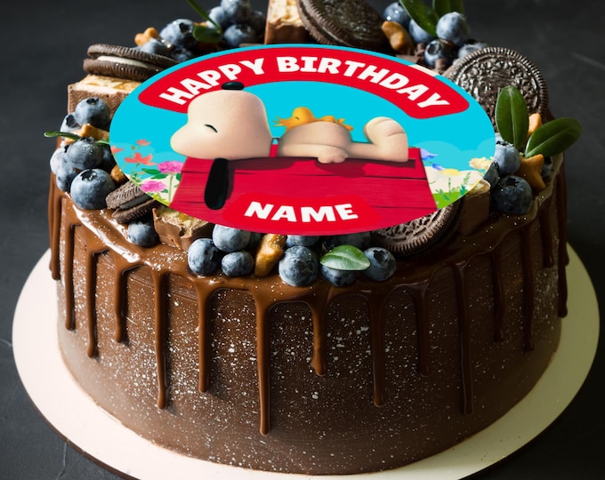 Snoopy Woodstock Theme Round Large Cake Topper Edible Circle printed with edible ink Personalised with Name & Age 6" 6.5" 7" 8" Icing Wafer