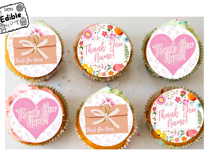 Thank You Personalised Cupcake Toppers: Floral Design Edible Image Circles on Icing or Wafer
