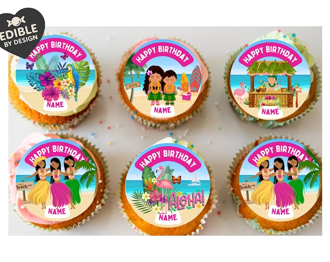 Hawaii Tropical Theme Birthday Cupcake Toppers Edible Circles matching Invitations Stickers Balloon Party Pack