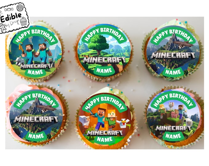 Minecraft Theme Birthday Party Cupcake Toppers Edible Circles printed with edible ink Personalised Name and Age of your choice 2" 2.5" 3" 4"
