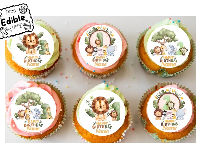 Safari Jungle Theme Personalised Birthday 2" Cupcake Toppers x 15 Edible Circles printed with edible ink. Perfect for childs birthday cakes.