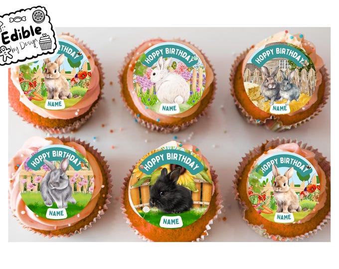 Rabbit Garden Theme Birthday 2" Cupcake Toppers x 15 Edible Circles printed with edible ink Personalised with Name of your choice Feminine
