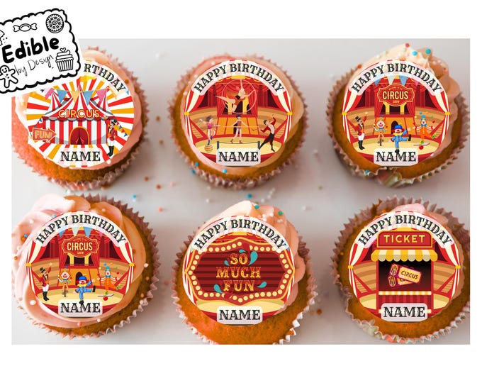 Circus Big Top Clown Acrobat Personalised Birthday 2" Cupcake Toppers x 15 Edible Circles printed with edible ink Circus decoration cupcakes