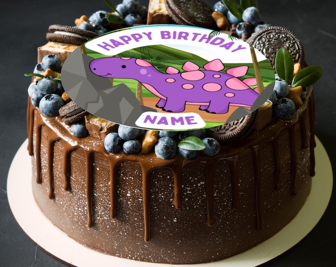 Personalised Cartoon Dinosaur Birthday Large Round Cake Topper: Edible Icing or Wafer
