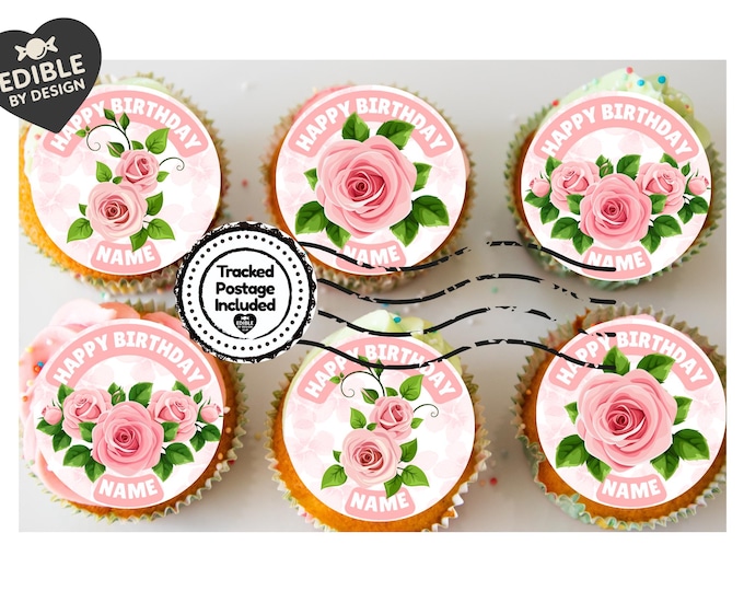 Pink Roses Flower Personalised Birthday Cake Toppers matching Foil Balloon available