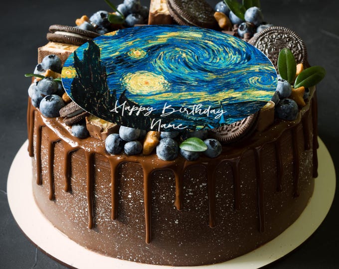 Van Gogh Large Round Cake Topper: Edible Icing or Wafer designs include Starry Night, Sunflowers