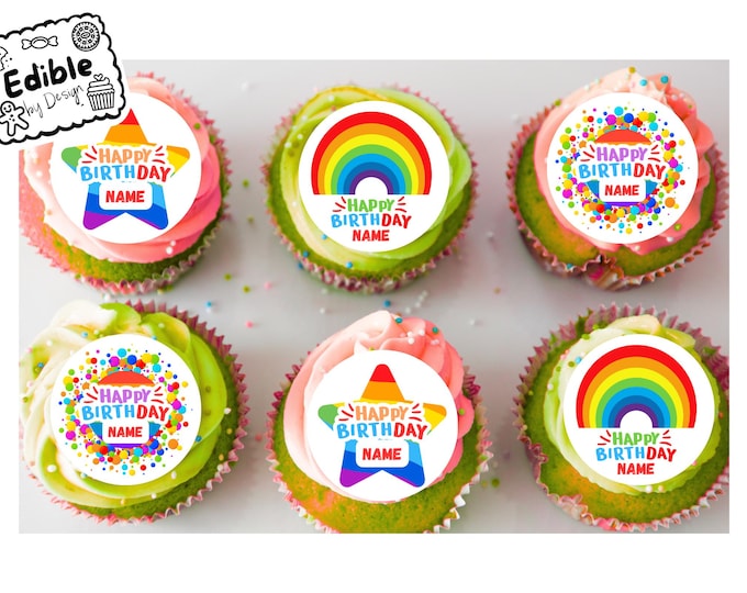 Bright Rainbow Personalised Birthday 2" Cupcake Toppers x 15 Edible Circles printed with edible ink. Fun theme decoration colourful cupcakes