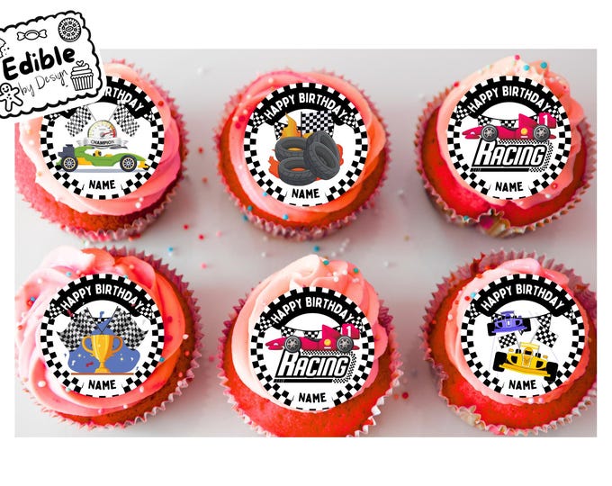 Race Car Theme Birthday 2" Cupcake Toppers x 15 Edible Circles printed with edible ink Personalised Name of your choice Racing Formula 1 Car