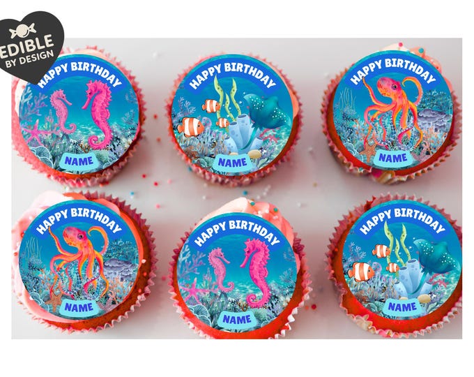 Under The Sea Theme Birthday Cake Toppers Personalised Name and Age Matching Stickers Balloon Invitations Pack