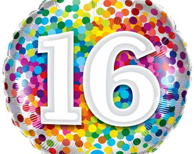 Rainbow Confetti Foil Number 16 Balloon - Qualatex - 18" round Balloon for Helium or Air
