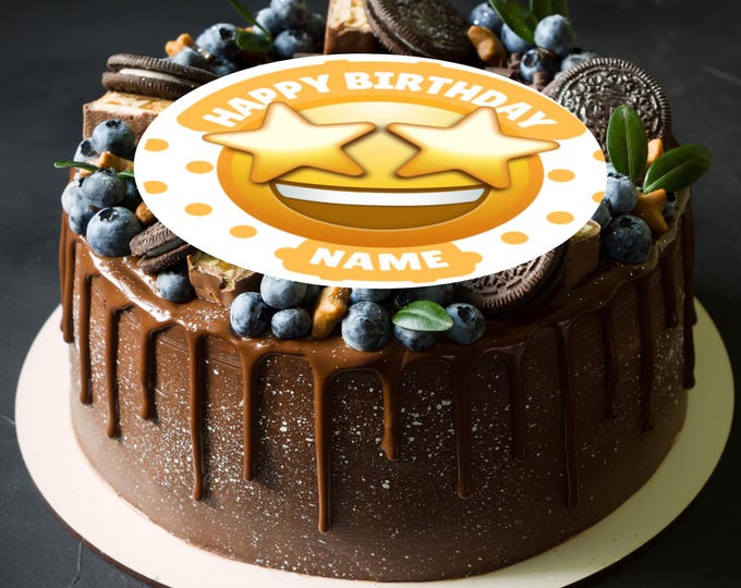 Personalised Emoji Theme Birthday Large Round Cake Topper: Edible Icing or Wafer