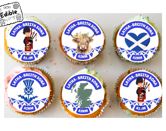 Scottish Gaelic Latha-Breith Sona Happy Birthday Personalised Cupcake Toppers Edible Circles printed with edible ink Scottish Theme 2" 3" 4"