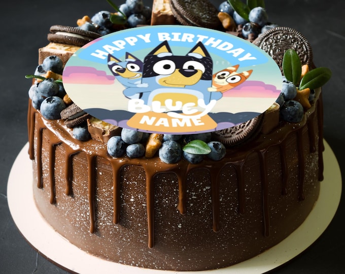 Bluey Cartoon Theme Birthday Large Cake Topper Edible Circle printed with edible ink Personalised Name and Age 5" 5.5" 6" 8" Icing Wafer