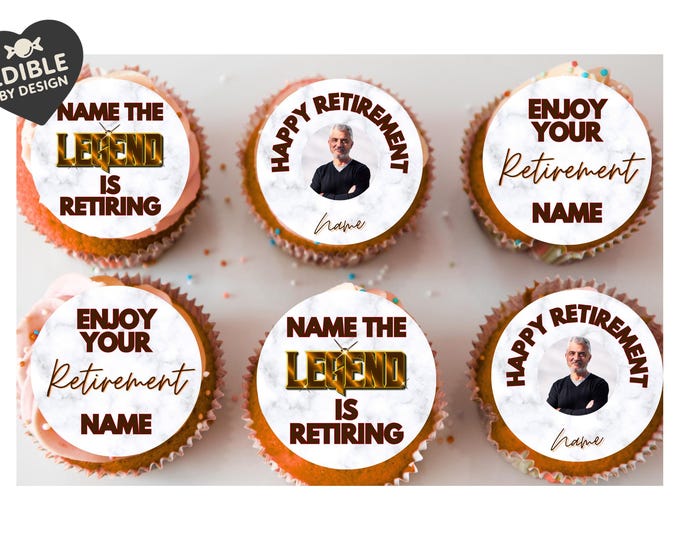 Work Retirement Cake Toppers Edible Circles Personalised Name & Photo Matching Balloon available