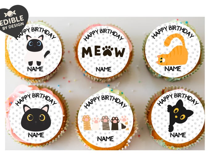 Personalised Cat Theme Cupcake Toppers matching Invitations Stickers Balloon Party Pack