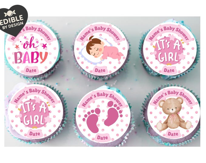 Personalised Baby Shower Cake Toppers: Pink Baby theme on Edible Icing or Wafer matching Stickers Foil Balloon