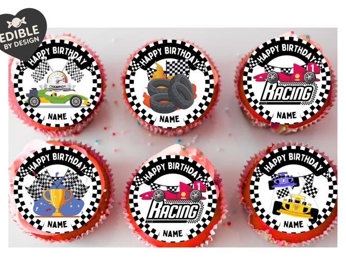 F1 Race Car Theme Birthday Cupcake Toppers Edible Circles matching Invitations Stickers Balloon Party Pack