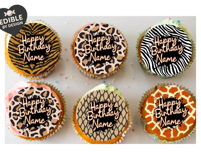 Personalised Animal Print Cake Toppers: Edible Icing or Wafer - Leopard, Zebra, Tiger, Snakeskin, Giraffe - Matching Balloon
