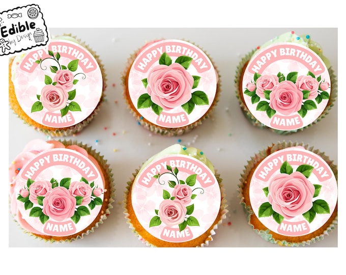 Pink Roses Flower Personalised Birthday Cupcake Toppers Edible Circles printed with edible ink