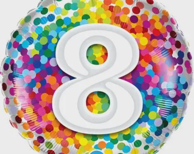 Rainbow Confetti Foil Number 8 Balloon - Qualatex - 18" round Balloon for Helium or Air