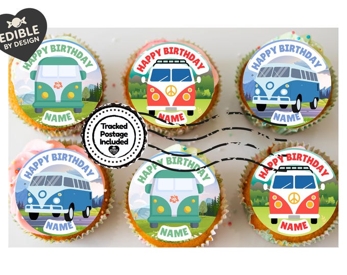 Retro Campervan Theme Birthday Cake Toppers in Icing or Wafer