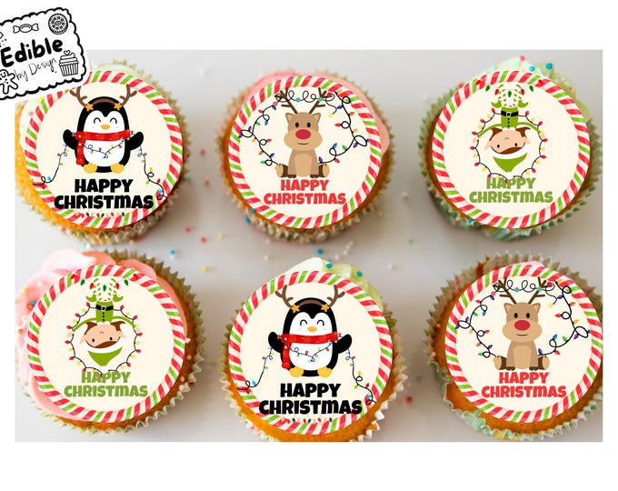 Happy Christmas Cute Theme Cupcake Toppers Edible Circles printed with edible ink Perfect for Fun Festive Christmas Cupcakes Icing or Wafer