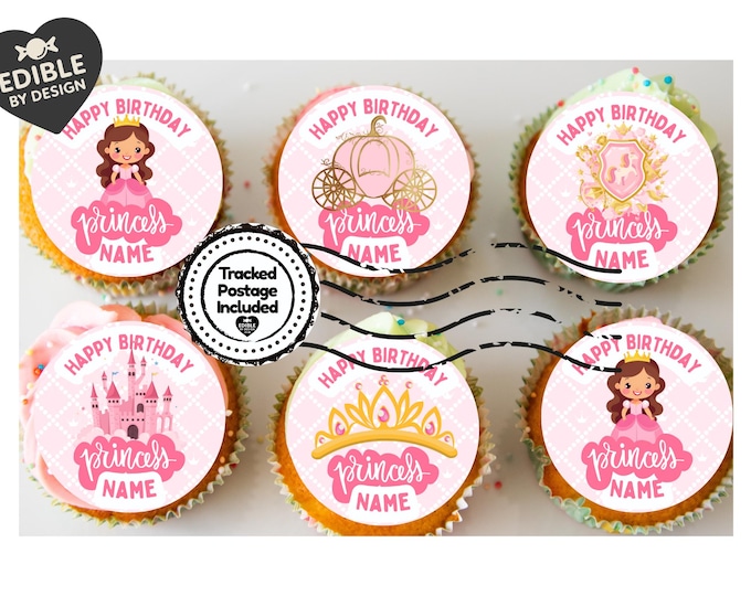 Personalised Pink Princess Birthday Cake Toppers Edible Circles matching Invitations Stickers Balloon Party Pack
