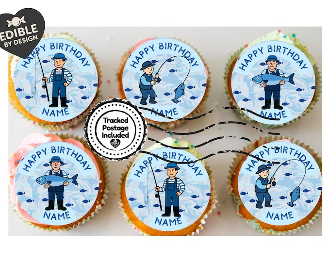 Personalised Fishing Cake Toppers: Edible Icing or Wafer - Stickers, Invitations, Foil Balloon
