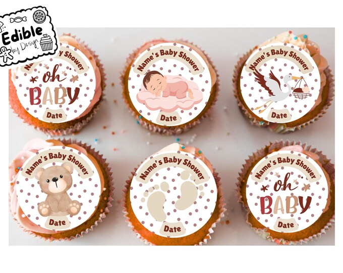 Baby Shower Neutral Cream Party 2" Cupcake Toppers x 15 Edible Circles printed with edible ink Personalised Name and date of your choice