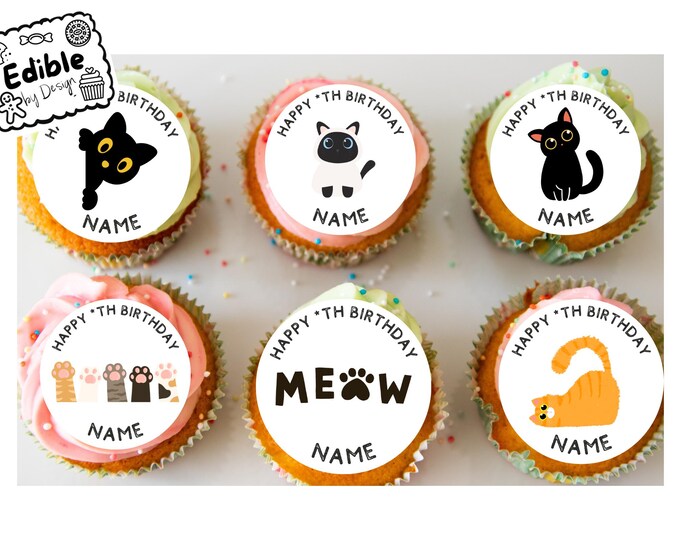 Cute Cats Kittens Theme 2" Cupcake Toppers x 15 Edible Circles printed with edible ink.  Personalised with Name! Perfect cat lovers cupcakes