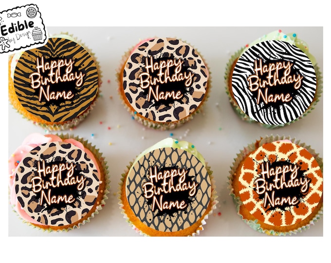 Personalised Animal Print Cupcake Toppers: Edible Icing or Wafer - Leopard, Zebra, Tiger, Snakeskin, Giraffe