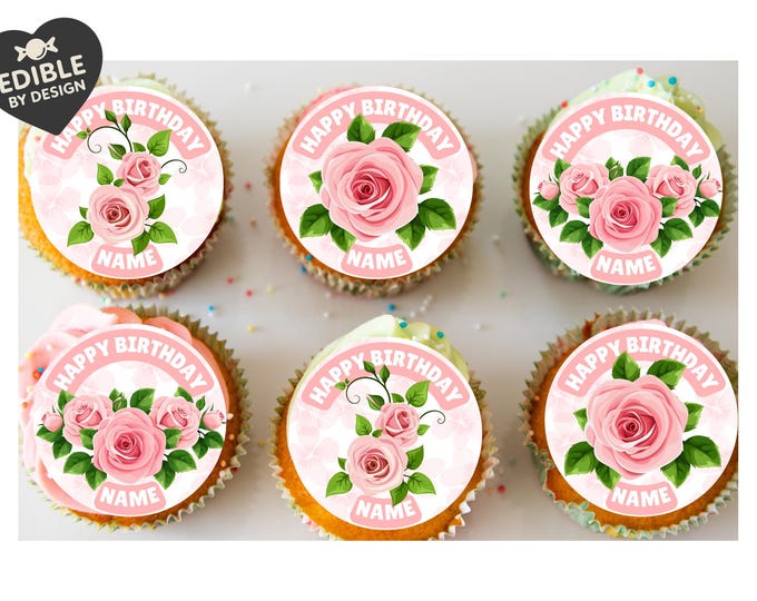 Pink Roses Flower Personalised Birthday Cake Toppers matching Foil Balloon available