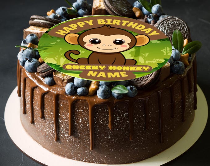 Personalised Cheeky Monkey Theme Birthday Large Round Cake Topper: Edible Icing or Wafer