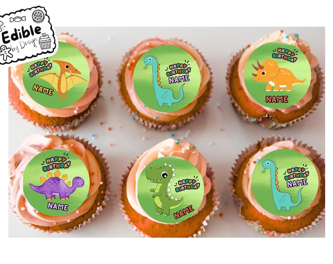 Cartoon Dinosaur Personalised Birthday 2" Cupcake Toppers x 15 Edible Circles printed with edible ink. Dino decoration cupcakes