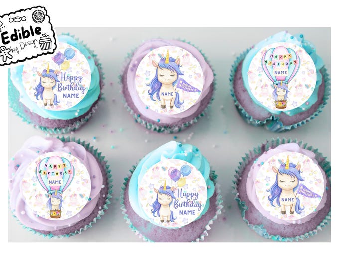 Unicorn Theme Birthday 2" Cupcake Toppers x 15 - Edible Circles printed with edible ink.  Personalised with Name of your choice! Cute Fun