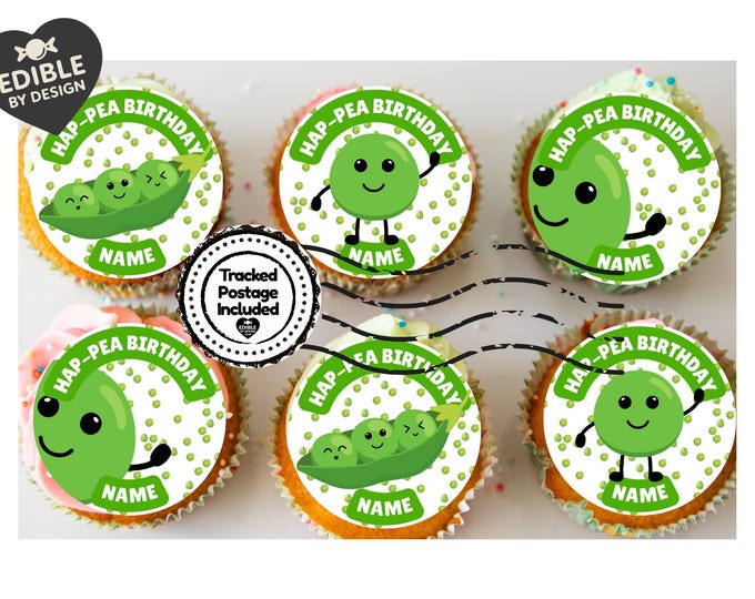 Personalised Hap-pea Birthday Cake Toppers: Edible Icing or Wafer matching Invitations Stickers Balloon Party Pack