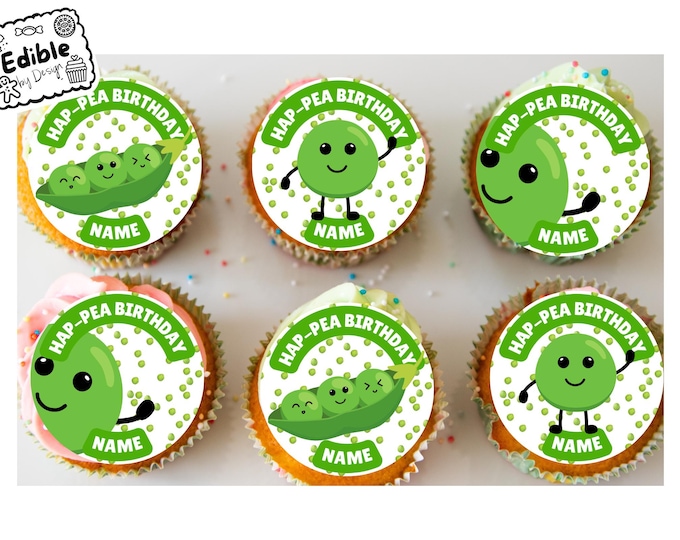 Personalised Hap-pea Birthday Cupcake Toppers: Edible Icing or Wafer